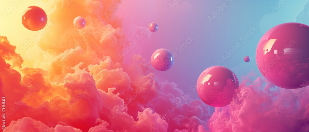 A whimsical digital art piece banner featuring glossy pink spheres floating in an orange cloud-filled sky, suitable for imaginative visuals or futuristic design concepts. High quality illustration A whimsical digital art piece banner featuring glossy pink spheres floating in an orange cloud-filled sky, suitable for imaginative visuals or futuristic design concepts. High quality illustration