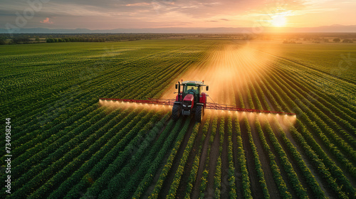 Modern Tractor Spraying Rural Farmland , drone shot