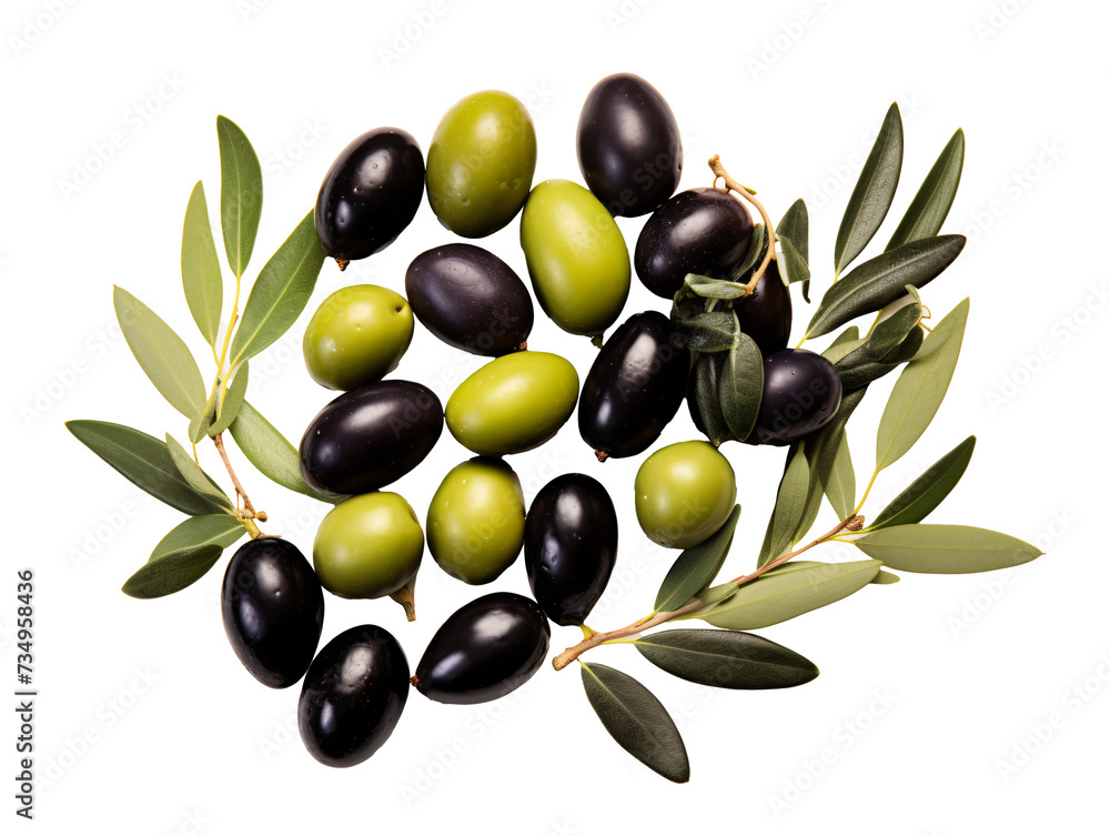 a group of black and green olives with leaves a group of black and green olives with leaves
