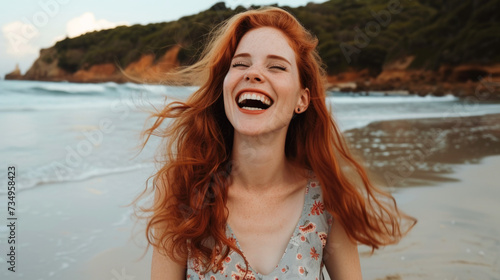 Laughing Red-Haired Woman Enjoying Life at the Beach © romanets_v