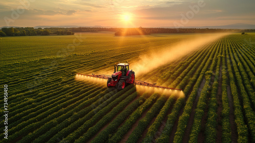 Modern Tractor Spraying Rural Farmland , drone shot