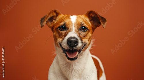Delighted Dog with Brown and White Fur on Yellow Background