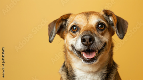 Delighted Dog with Brown and White Fur on Yellow Background