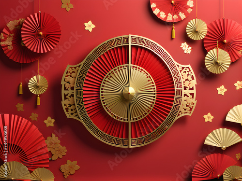 empty mockup center copy space paper fan medallion Chinese new year decoration new year festival