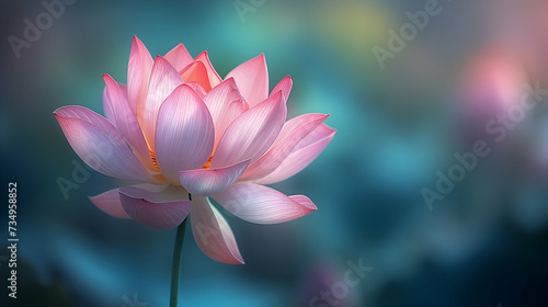 Lotus flower with a soft pink gradient, set against a blurred turquoise background, close-up