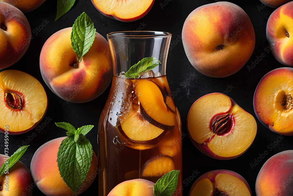 Refreshing peach iced tea. Garnished with fresh peaches and mint on black background. Perfect summer beverage. Refreshing peach iced tea. Garnished with fresh peaches and mint on black background. Perfect summer beverage.