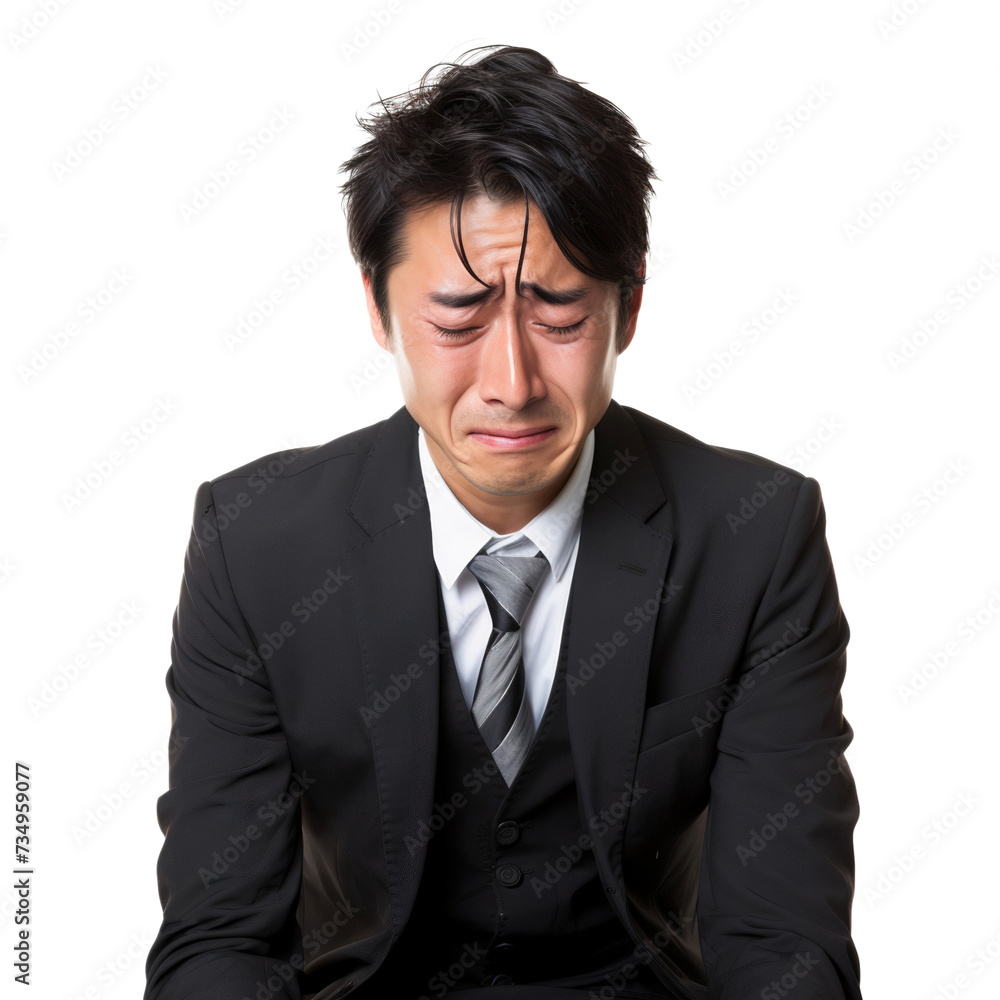 Portrait of a businessman looking distressed and crying, transparent, isolated on white background Portrait of a businessman looking distressed and crying, transparent, isolated on white background
