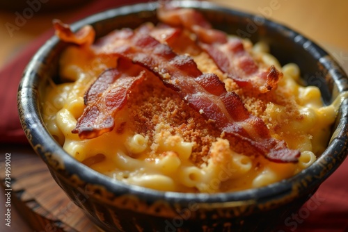 Mac and cheese topped with bacon strips photo