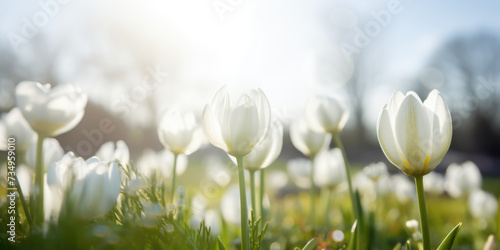 White tulips in sunlight. Spring Flowers. Beautiful spring background with white flowers #734959010
