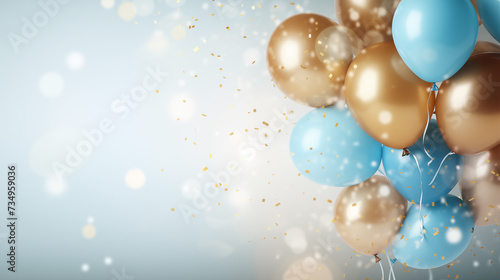 Festive background with flying golden and light blue balloons. Generative AI