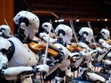 on stage in the Philharmonic Orchestra with robots playing violins, AI development concept