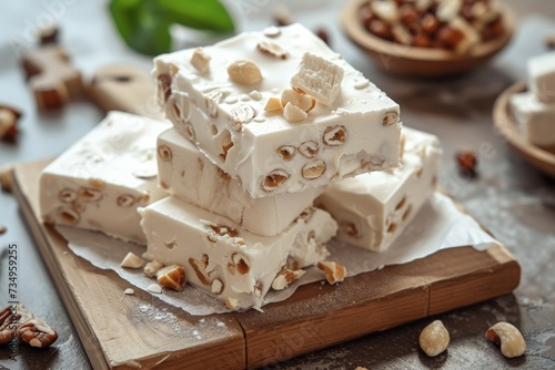 Nougat squares stacked on a board photo