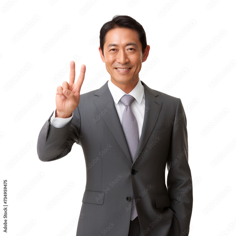 Portrait of a smiling Japanese businessman showing peace pose, isolated on transparent background Portrait of a smiling Japanese businessman showing peace pose, isolated on transparent background