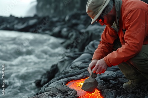 geologist sampling rocks beside a fresh mountain lava river