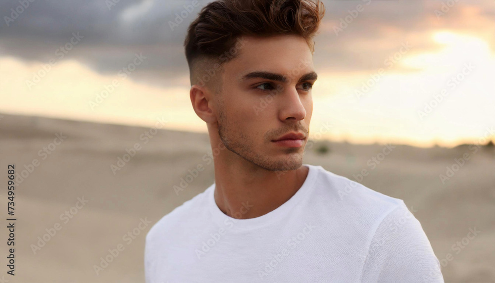 Fototapeta premium Closeup portrait of young handsome man in white t-shirt