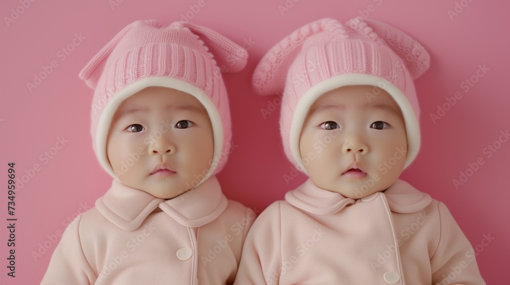 Sweet Twin Toddlers in Pink Attire and Hats, Perfect for Children's Fashion and Lifestyle Sweet Twin Toddlers in Pink Attire and Hats, Perfect for Children's Fashion and Lifestyle