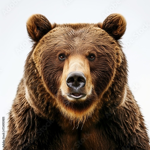 Front view of brown bear isolated on white background. Portrait of big bear grizzly