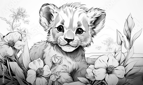 Illustration of a lion cub in black and white.