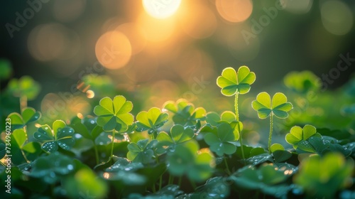 Close-up of vibrant green clover leaves forming a lush background, symbolizing growth and natural freshness. St. Patrick's day concept