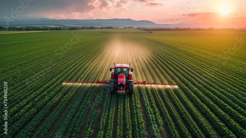 Modern Tractor Spraying Rural Farmland , drone shot