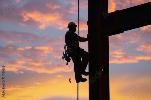 steelworker perched high with sunset skies behind photo