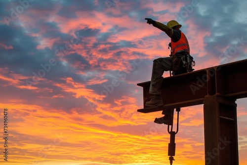 steelworker perched high with sunset skies behind