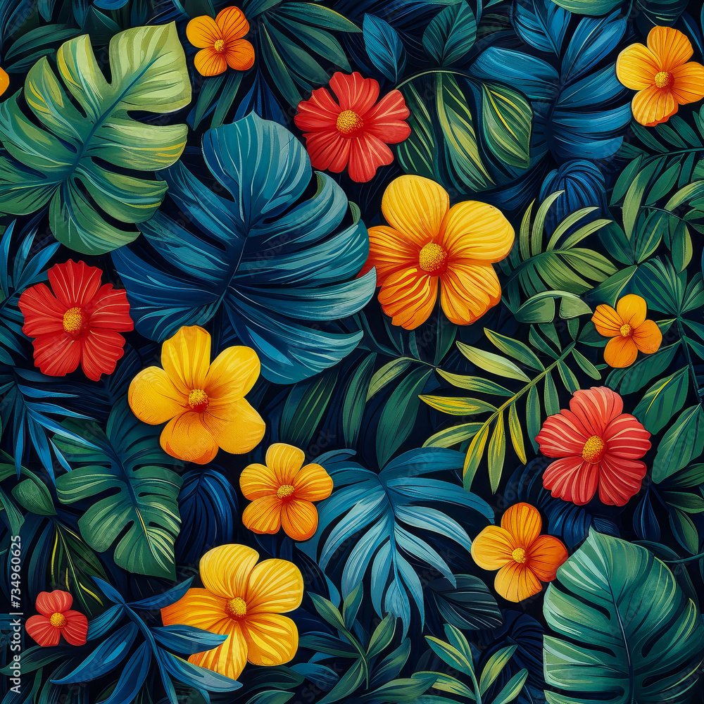 Tropical rainforest leaves and flowers as background, ai generated Tropical rainforest leaves and flowers as background, ai generated