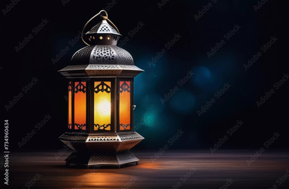 Arabian lantern on a dark background. Illustration. Generative AI Arabian lantern on a dark background. Illustration. Generative AI