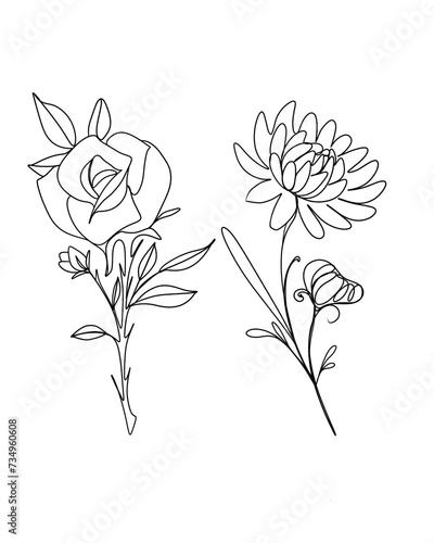 line art drawing of flowers. minimalism sketch, idea for invitation, design o...