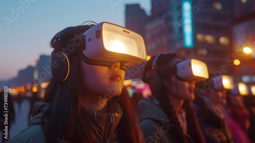 A woman is immersed in a virtual reality experience, wearing a VR headset surrounded by captivating neon lighting.