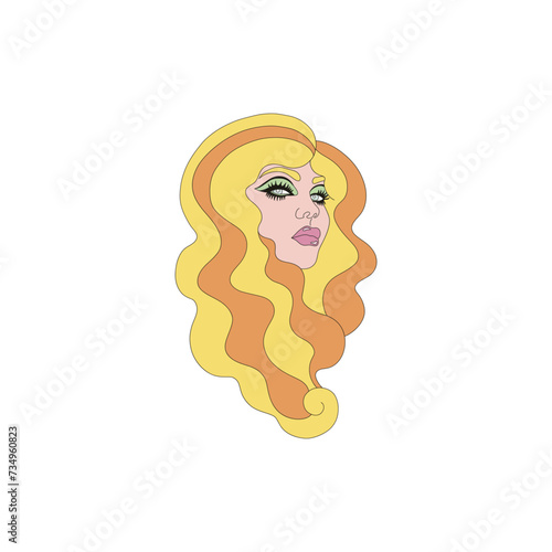 Groovy disco 1970s female woman head portrait with long curly hair style vector illustration isolated on white. 60s 70s 80s retro party print poster postcard design.