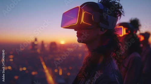 A woman is immersed in a virtual reality experience, wearing a VR headset surrounded by captivating neon lighting.
