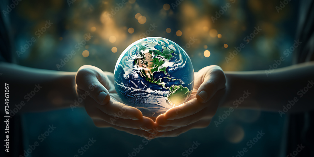 Close up of human hands holding Earth planet. Elements of this image are furnished by NASA - obrazy, fototapety, plakaty 