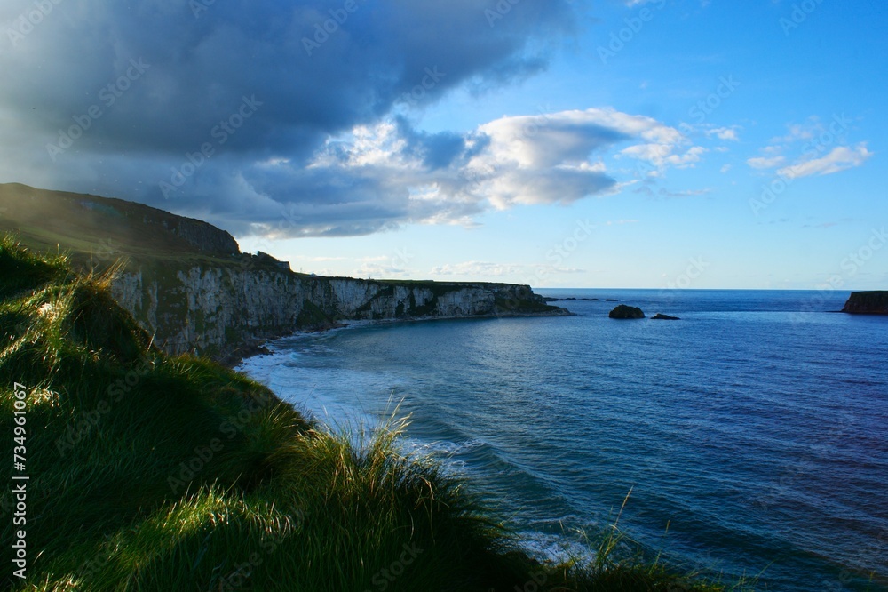 Ocean coast landscape in Northern Ireland on a cloudy day. High quality photo
