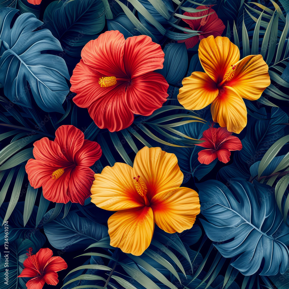 Tropical rainforest leaves and flowers as background, ai generated Tropical rainforest leaves and flowers as background, ai generated