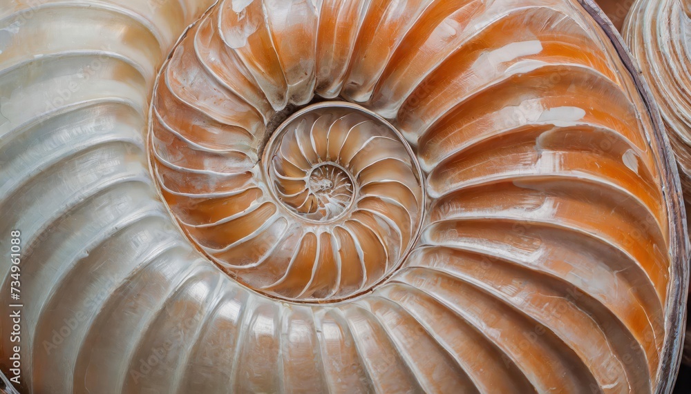 Obraz premium shell pearl spiral nautilus Fibonacci section spiral coral pearl symmetry half cross coral golden ratio shell fibonacci structure growth close up mother of pearl pompilius nautilus 