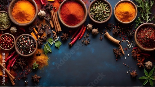 Colorful spice background, top view. Seasonings and herbs for In