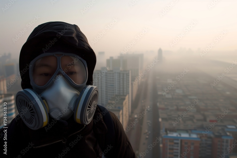 smog obscuring cityscape, person in foreground with respirator mask smog obscuring cityscape, person in foreground with respirator mask