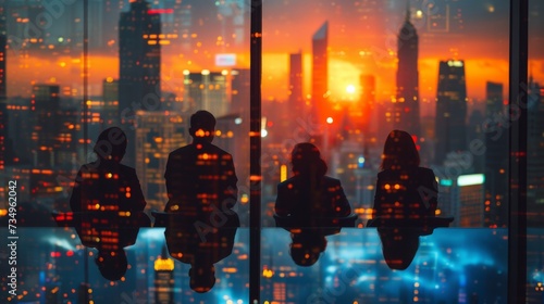 silhouetted businessmen stand before a glass window, looking out at a city's skyline bathed in the warm hues of sunset.
