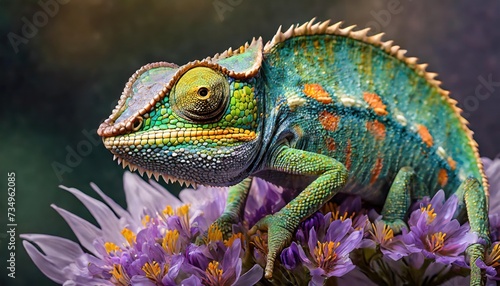 Macro shots, Beautiful nature scene , baby green chameleon sitting on flower in a summer garden. © blackdiamond67