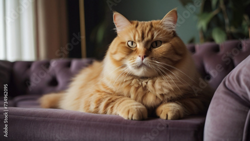 Fluffy fat mean cat in cozy luxury home sitting on velvet sofa