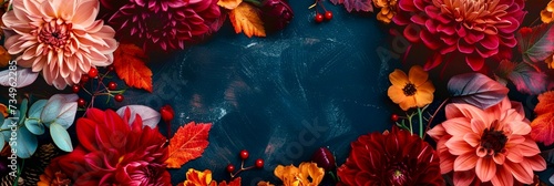 Wide banner with colorful autumn chrysanthemums lying on dark blue board with free space