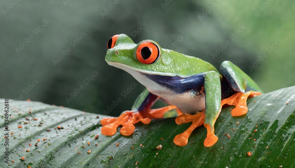 Fototapeta premium Red-eyed tree frog closeup on leaves, Red-eyed tree frog (Agalychnis callidryas) looks over leaf edge