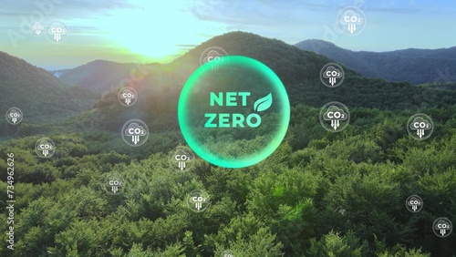 Net zero environment sustainable concept with decreasing carbon CO2 icons in green eco-friendly landscape. 3D Graphic, aerial photo