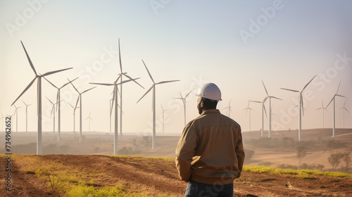 African engineer man working on a windmill farm, Generative AI
