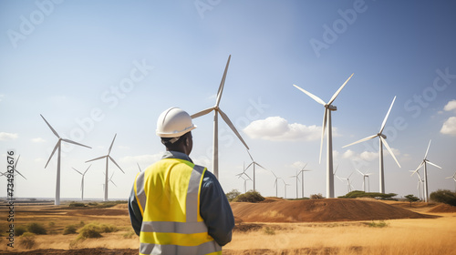 African engineer man working on a windmill farm, Generative AI