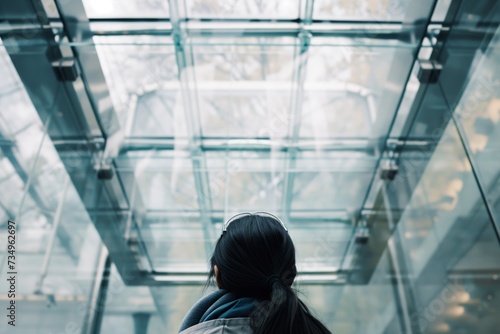 person looking up at a modern glass atrium ceiling photo
