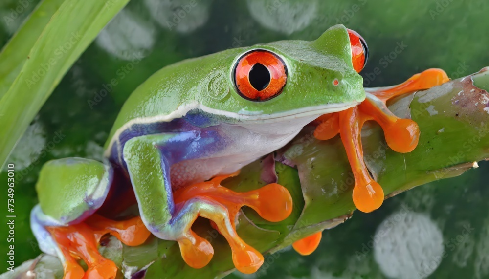 Red-eyed tree frog closeup on leaves, Red-eyed tree frog (Agalychnis callidryas) looks over leaf edge Red-eyed tree frog closeup on leaves, Red-eyed tree frog (Agalychnis callidryas) looks over leaf edge