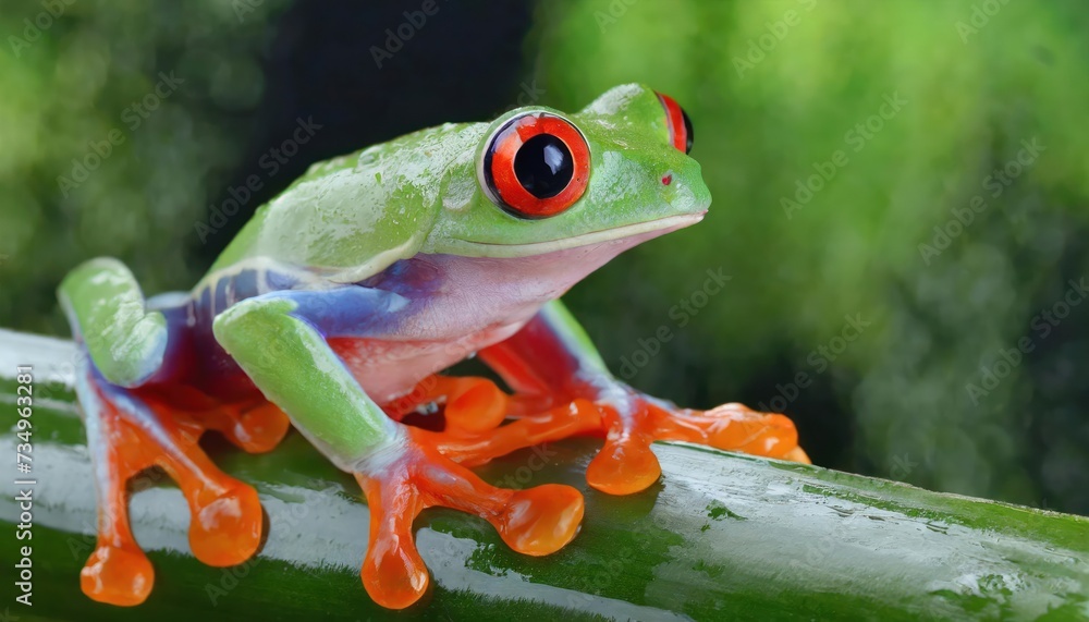 Fototapeta premium Red-eyed tree frog closeup on leaves, Red-eyed tree frog (Agalychnis callidryas) looks over leaf edge