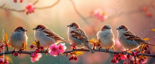 Sparrows in the Garden: Small, Cute, and Playful Birds on a Sunny Day.